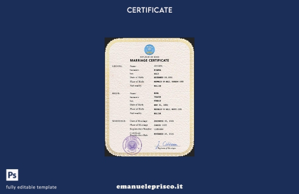 Modello PSD del certificato di matrimonio del Mali in stile verificato
